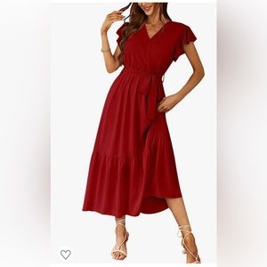 Red Short Sleeve Boho Dress Flowy Maxi A-Lined XXL Wrap